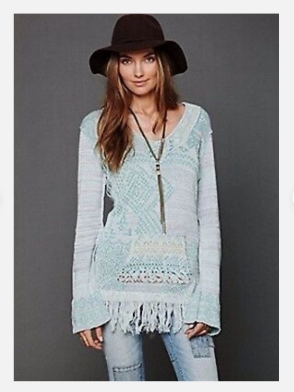 Free People Light Blue & Aqua Fringe V-Neck Knit Pullover